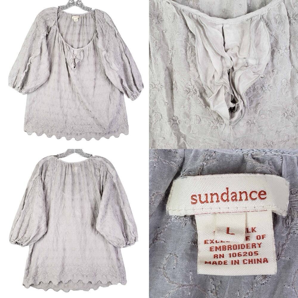Sundance Blouse Top Silk Women Large L Gray Short Sleeve Bohemian Puff Sleeve